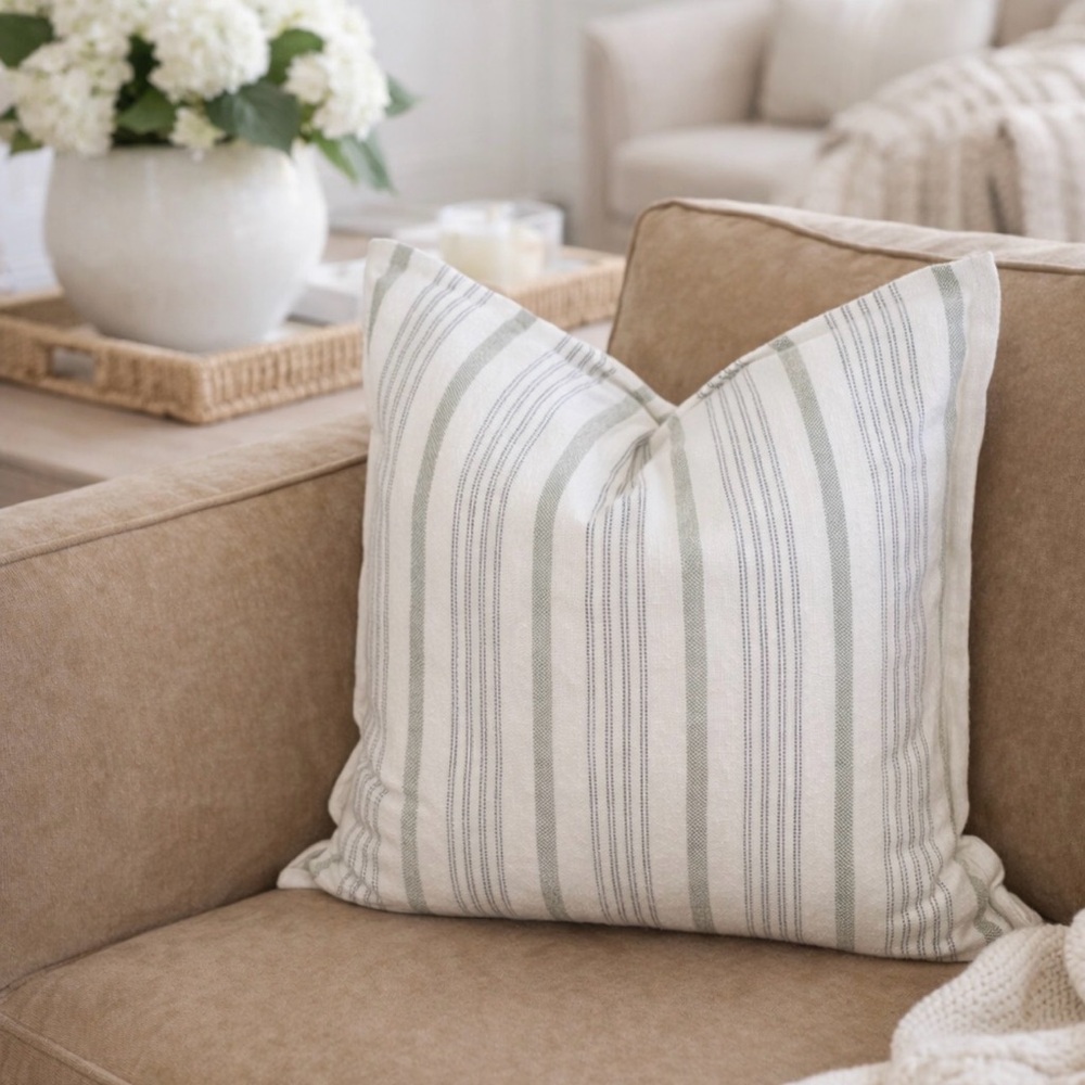Neutral Striped Throw Pillow 20x20, Farmhouse Cottage Coastal Decor